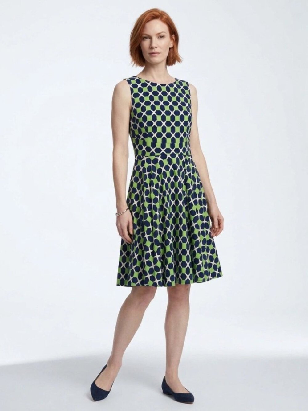 DONNA MORGAN Green/Navy/White Geometric Jersey Fit&Flare Jersey Dress Sz 14